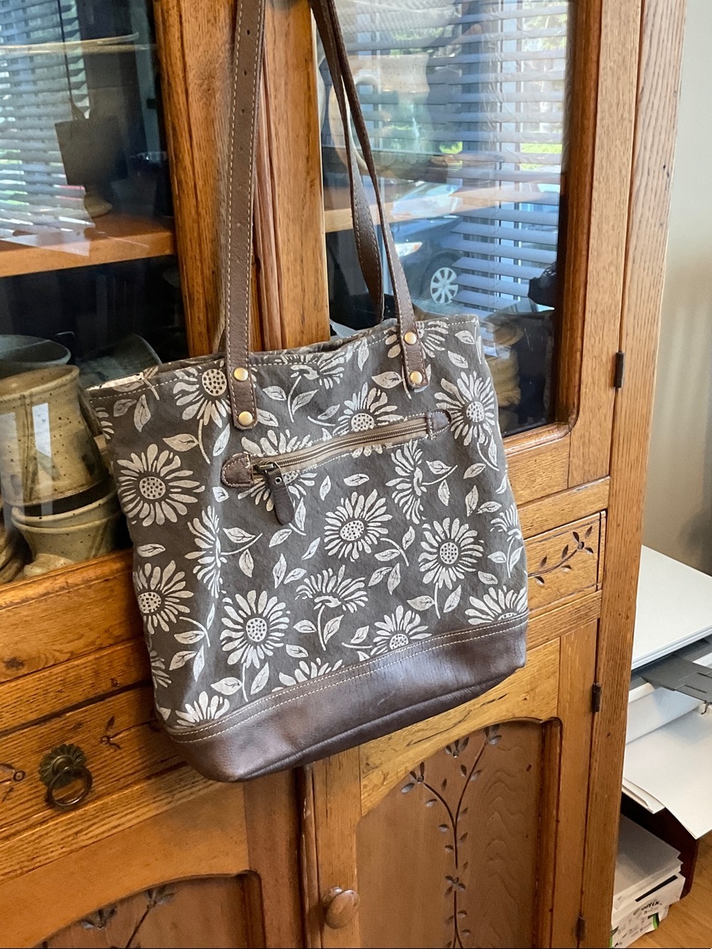 Myra Bag Gray Canvas Floral Tote with Brown Leather Trim